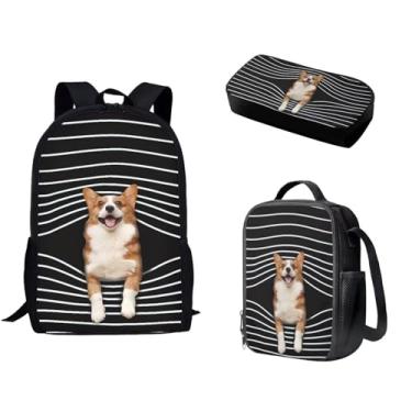 Imagem de Spowatriy Conjunto de mochila escolar listrada para cães de 43 cm para meninos e meninas, 3 peças, com lancheira à prova d'água e estojo de lápis, mochila para acampamento, trilhas, viagens
