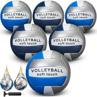Imagem de Woanger 6 bolas de vôlei, tamanho oficial, 5, à prova d'água, voleibol recreativo macio com bomba e bolsa de rede, academia esportiva de praia ao ar livre (azul, branco, prata, azul marinho)
