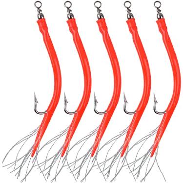 Imagem de Iscas de tubo de baixo listradas, iscas de pesca em água salgada de bacalhau com aço inoxidável EEL gancho barril giratório para pesca offshore Trolling Striper Bass Big Game Fishing (vermelho 10/0)