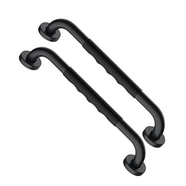 Imagem de Munzong Barra de apoio para chuveiro preta de 40,64 cm com aderência de borracha antiderrapante, 2 unidades de aço inoxidável para banheiro, barra de equilíbrio para banheiro, suporte de corrimão de segurança, alça de banho para idosos com deficiência, ferimentos para deficientes