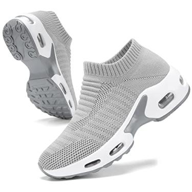 Imagem de Tênis de malha feminino – antiderrapante, sem cadarço, tênis de meia – leve, tênis de corrida com amortecimento de ar, tênis de trabalho, Cinza, 34