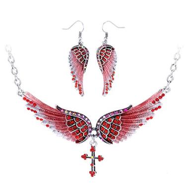 Imagem de Szxc Jewelry Colar feminino com pingente de cruz com asas de anjo da guarda 45,7 cm + 5 cm, Cristal Metal, Cristal