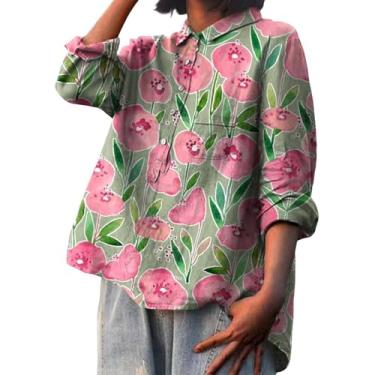 Imagem de Camiseta feminina com estampa floral e gola de lapela de algodão e linho, manga comprida, caimento solto, Vermelho, GG