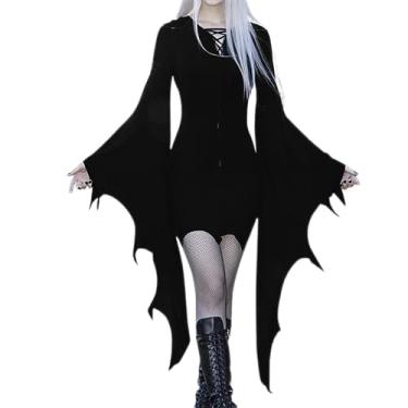 Imagem de Alidamo Vestido de vampiro de Halloween para mulheres, manga morcego, fantasia de festa e baile de máscaras malignas, Preto, M