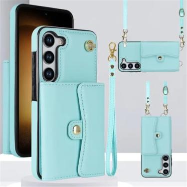 Imagem de Capa de telefone de couro com alça de pulso crossbody para Samsung Galaxy S24 Ultra S23 S22 S21 Plus A15 A14 A54 A53 Capa de suporte de cartão carteira, verde, para Galaxy S22 Ultra