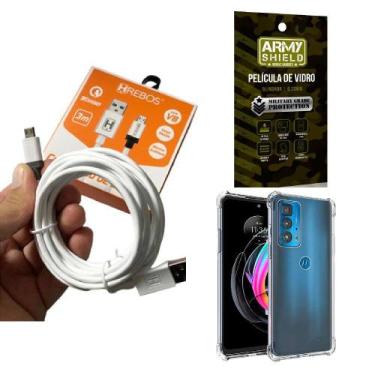 Imagem de Kit Capinha Motorola Edge 20 Pro com Cabo Turbo Tipo C 3 Metros e Pelí