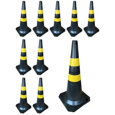 Imagem de Kit 10 Cone de Sinalização 75cm para Trânsito Estacionamento EPI Segurança Preto e Amarelo