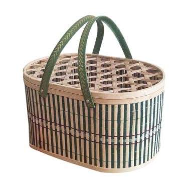 Imagem de DimyFew Cesta de Bambu Trançada, Cesta de Armazenamento de Alimentos, Cesta de com Tampa, Cesta de Embalagem de Presente para Bolo Lunar/lanches/fr, Tampa oca, Tamanho real