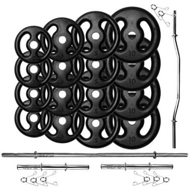 Imagem de Kit 80Kg Anilhas de Ferro com Barras 40cm e 150cm + Barra W 1,20m - SE