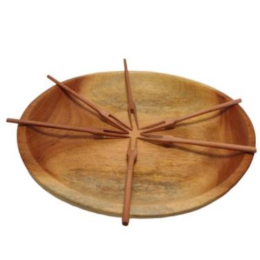 Imagem de Gamela Redonda Madeira Maciça 27 cm Petisqueira Fruteira Com 6 Garfos 