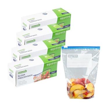 Imagem de Bag Tek Sacos deslizantes para freezer, 25 sacos descartáveis com zíper – zíper deslizante, parte inferior expansível, sacos de plástico transparente para freezer, com gravação na etiqueta, para armazenamento de alimentos – Restaurantware