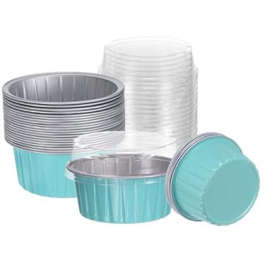Imagem de HARFINGTON 25 peças de formas de assar com tampas, forros de alumínio de 142 g, mini recipientes descartáveis, porta-copos, caixas, formas para sobremesa, festa de casamento, azul
