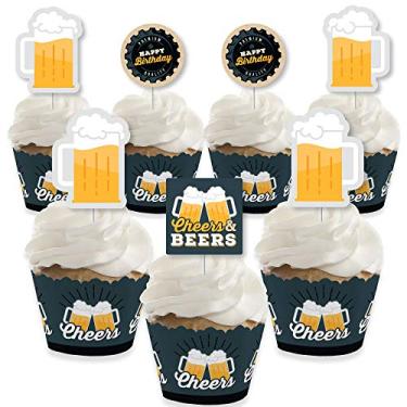 Imagem de Big Dot of Happiness Cheers and Beers Happy Birthday - Decoração de cupcake - Kit de embalagem de cupcake e palitos de petiscos para festa de aniversário - Conjunto de 24