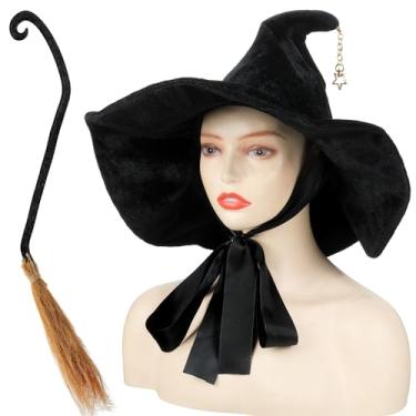 Imagem de Liitrsh 2 Pcs Halloween Witch Hat and Witch Broom Set for Women Black Lolita Halloween Witch Hat Lolita Star Wizard Hats Realistic Witch Broomstick Props for Girl Witch Cosplay Party Costume