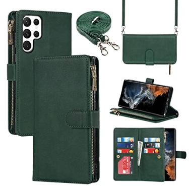 Imagem de Jaorty Capa carteira para Samsung Galaxy S21 Ultra 5G com compartimento para S-Pen, [9 compartimentos para cartão] Capa de couro magnético removível e ajustável, alça de ombro com zíper, 17,3 cm,