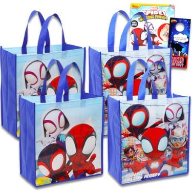 Imagem de Sacola Spidey and His Amazing Friends para crianças e adultos - Pacote com 4 sacolas de aranha e amigos, além de tatuagens, mais | Bolsas reutilizáveis Spidey and His Amazing Friends, Multicor, Spidey