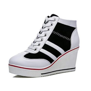 Imagem de Mei MACLEOD Tênis feminino plataforma plataforma salto alto botas de cano curto casual sapatos de lona, Preto e branco, 39