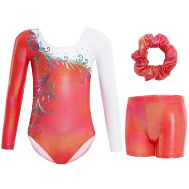 Imagem de Gogokids Collant de ginástica para meninas manga longa brilhante strass conjunto de dança com shorts e scrunchie roupa esportiva 3-12 anos, B - vermelho, 5-6 Anos