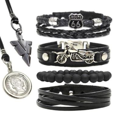 Imagem de Kit C/4 Pulseiras de Couro Masculina Motoqueiro harley davidson + Cola