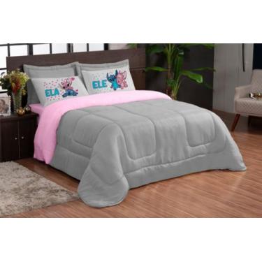 Imagem de Kit Edredom Casal Queen Dupla Face 5 pcs Stich Cinza Rosa - TheoVitex