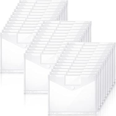 Imagem de Yeaqee 100 unidades de bolso para fichário de plástico de 3 anéis, envelope de fichário de poliéster transparente com fecho de gancho e laço para bolsa de documentos de 2/3/4 anel com etiqueta tamanho