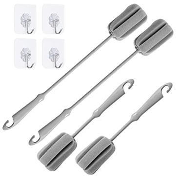 Imagem de 4 Pack Soft Sponge Bottle Cleaner Brush, Grey Plastic Handle Wine Glass Cup Brush Scrubber, Washing Brush Vase Bottle Pot Cleaning Brush with Traceless Hook, Long and Small Size 10” 15”