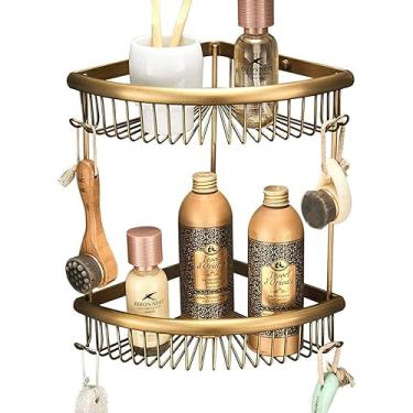Imagem de Cesta de chuveiro de 2 camadas, livre de ferrugem, prateleira de canto para banheiro, rack de chuveiro de latão com gancho, suporte para shampoo, armazenamento organizado