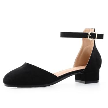 Imagem de Secret Slippers Sapatos sociais femininos com glitter – bico fechado salto alto grosso com tira no tornozelo para casamentos, festas e ocasiões especiais (crianças grandes), Camurça preta, 17