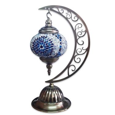 Imagem de Abajur Lua Turco Mosaico Metal Colorido Azul e Branco 40 cm