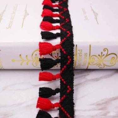 Imagem de 1 jardas/lote borla franja guarnição de tecido borlas guarnições de renda franja com borlas para decoração de cortinas acessórios de costura diy, 10 vermelho e preto