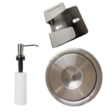 Imagem de Kit Lixeira Embutir tampa escovada 3l + Dosador + Porta Esponja Em Ino