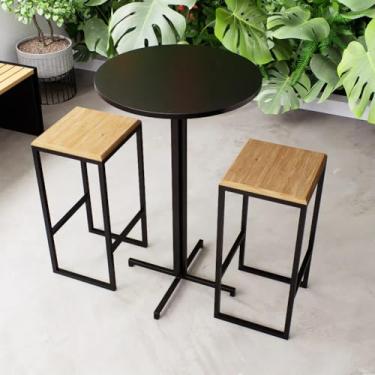 Imagem de Conjunto Mesa Alta Bar Bistrô Redonda Preta 2 Bancos Pinus Industrial Black