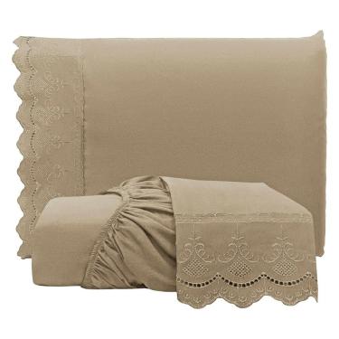 Imagem de Jogo de Lençol Queen Bordado Ingles Micropercal 300 Fios Toque de Algodão 3 Peças - Chocolate