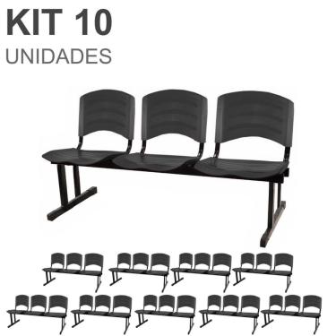 Imagem de Kit 10 Cadeiras Longarinas plástica 03 Lugares - Cor preto - pollo móveis - 33039