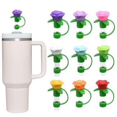 Imagem de Pacote com 9 tampas de palha rosa vermelha para copos, 10 mm bonito 3D à prova de poeira topo de palha para garrafas de água Stanley copos acessórios presentes para mulheres lembrancinhas de festa