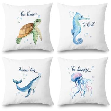 Imagem de Supwhd Capa de almofada infantil oceânica, tartaruga marinha, baleia, cavalo-marinho, água-viva, animal marinho, conjunto de 4, decoração temática do oceano, Piilow, para crianças, meninos, meninas