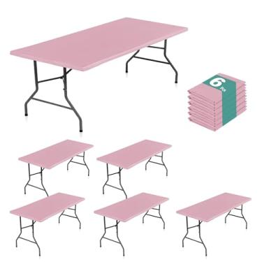 Imagem de LUSHVIDA Pacote com 6 toalhas de mesa de vinil com forro de flanela para toalhas de mesa retangulares dobráveis de 1,8 m – Capas de mesa de piquenique de plástico impermeável com cantos elásticos, 76