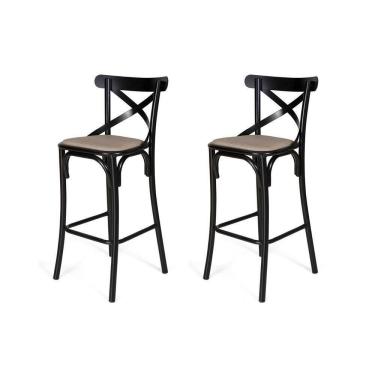 Imagem de Kit 2 Banquetas Katrina Premium Bar Cozinha Balcão Em Aço Preto Assento Bege