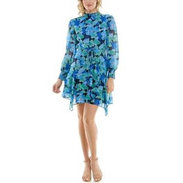 Imagem de Maison Tara Vestido feminino de manga comprida com gola redonda e babados na cintura, Jeans preto, 11