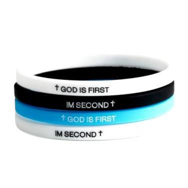 Imagem de LANWLOSI God Is First I Am Second Pulseiras exclusivas de borracha inspiradas na Bíblia fiéis Jeaus pulseiras cristãs religiosas elásticas de silicone cruz para mulheres e homens, Large, Zinco, Sem