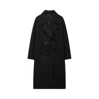 Imagem de Casaco Longo de Lã Feminino - Vintage, Quente, com Lapela e Bolso Dupl