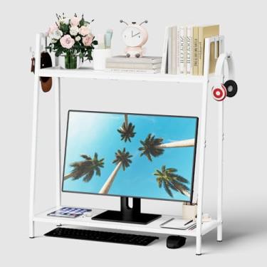 Imagem de Estante de mesa para mesa de mesa para mesa de 2 níveis, escada, escada de madeira, prateleira de armazenamento para monitor de computador, prateleiras de escritório ajustáveis, suporte organizador de