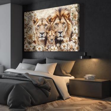 Imagem de Quadro decorativo florido família de Leão com um filhote - MeMoldura, 