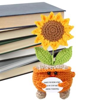 Imagem de Positivo Crochê Girassol - Flor Motivacional Decorativa | Ornamento de Mesa Decorativo Tecido à Mão para Crianças e Adultos Criado Mudo Flor Artificial Realista