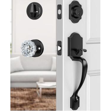 Imagem de Calzibeno Conjunto clássico de maçaneta da porta da frente e fechadura de cilindro único, conjunto de fechadura de porta frontal com maçanetas de porta de vidro, preto fosco