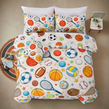 Imagem de A Nice Night Conjunto de edredom de solteiro para meninos, conjunto de cama esportivo com beisebol, raquete de tênis, basquete e futebol, decoração de quarto infantil com tema atlético (amarelo)