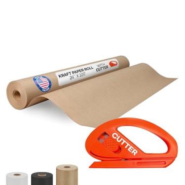 Imagem de IDL Packaging Rolo de papel marrom 61 x 3048 cm (30 m) com cortador - Papel Kraft de embrulho feito nos EUA para embalagem, mudança, envio e artesanato/artes - Material de artesanato natural 100%