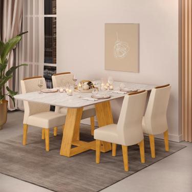 Imagem de Conjunto Sala de Jantar 4 Cadeiras Tampo Sem Vidro 170x90 DJ Móveis Kiara Cedro Quartzo Lidia Linho Neve