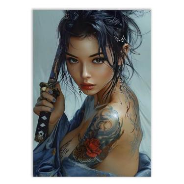 Imagem de Placa Decorativa Gueixa Sexy Tatuada Com Espada Poster Quarto Sala