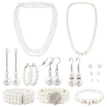 Imagem de Gvhntk Conjunto de 19 peças de colar de pérolas para mulheres meninas 1920 colar de pérolas falsas pulseira de pérolas simuladas bijuterias acessórios de pérolas para presente de casamento, Branco